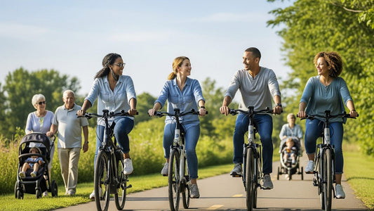 A diverse group of e-bikers smiling and chatting while riding side-by-side on a wide, sunny trail in a Pennsylvania park. They are respectfully giving a wide berth to pedestrians, including a family with a stroller and an older couple