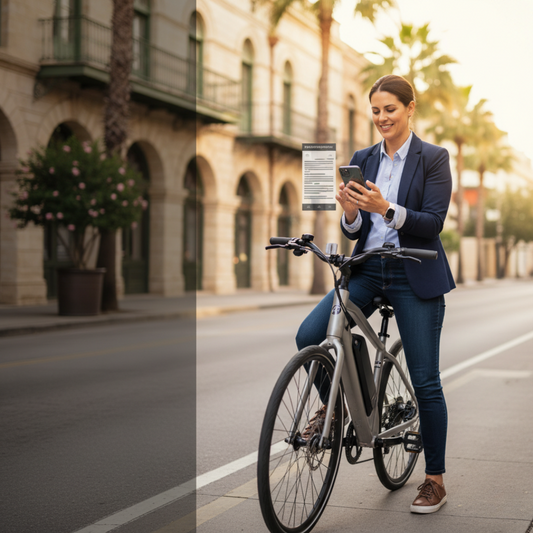 An e-bike rider in San Antonio's bike lane, confidently checking e-bike regulations on a smartphone, with the city's architecture in the background. The image conveys legal compliance and a calm, informed approach to urban riding.