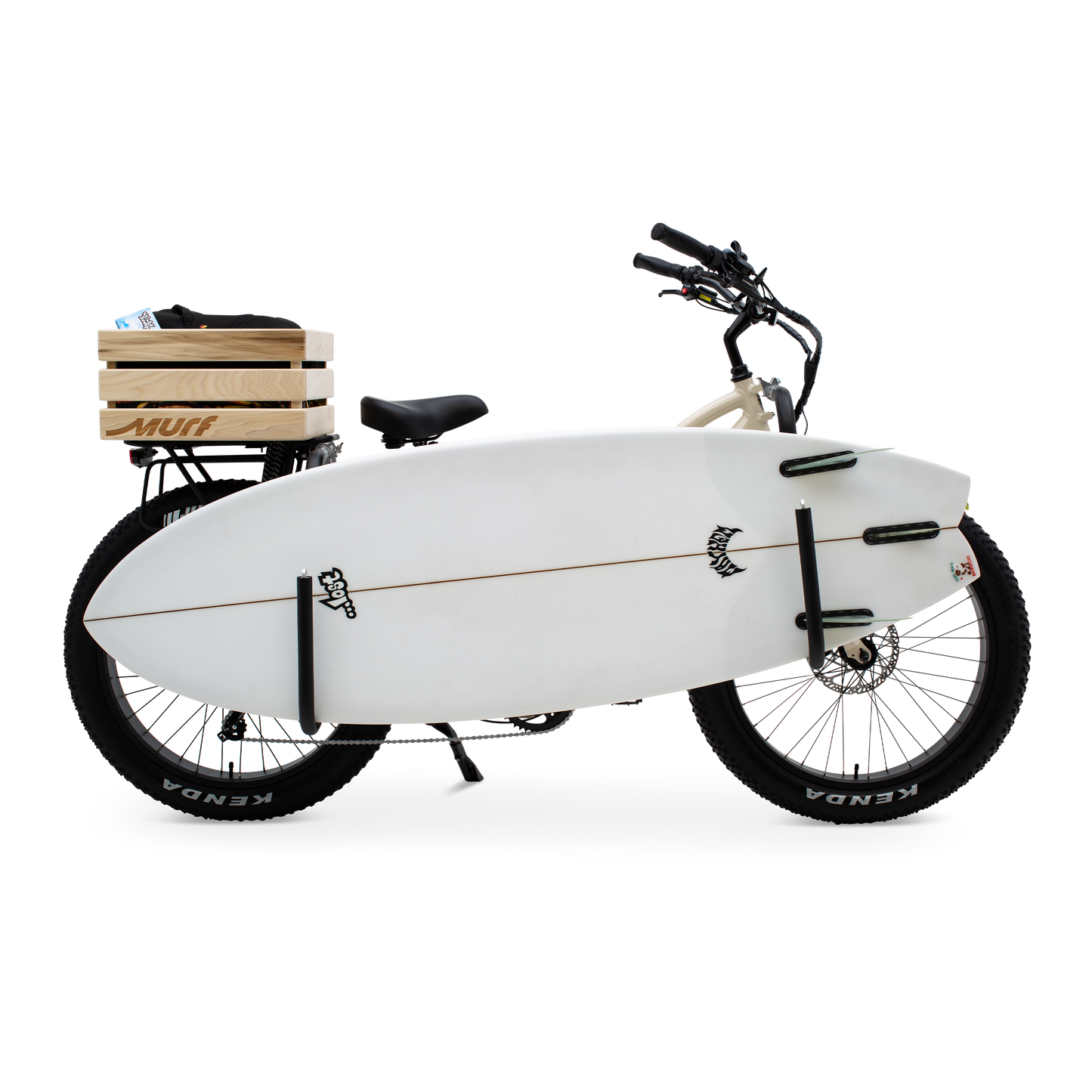 The Fat Murf Step-Thru in Bone White with a wooden crate and side mounted surf rack with prominent surf board holstered side view.
