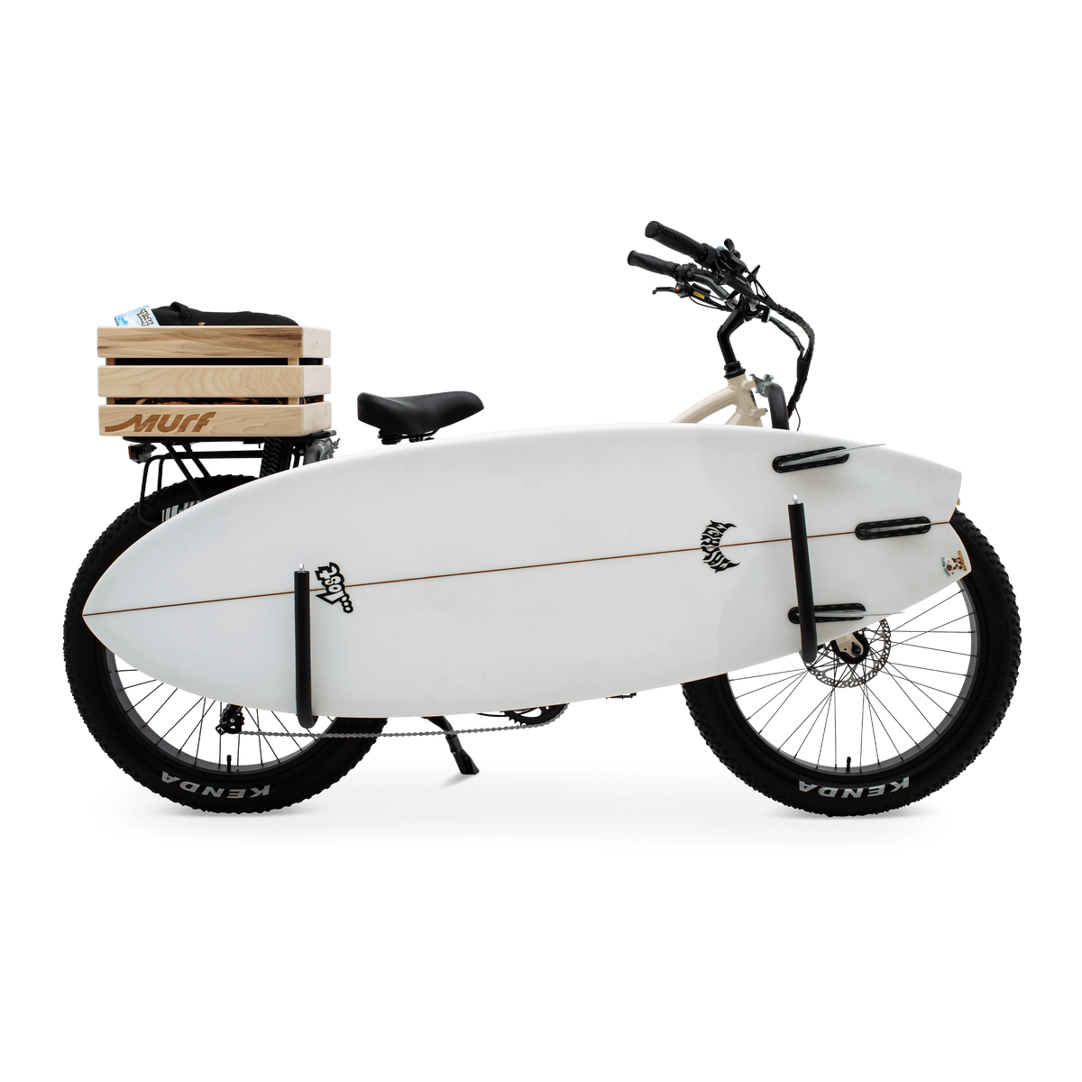The Fat Murf Step-Thru in Bone White with a wooden crate and side mounted surf rack with prominent surf board holstered side view.