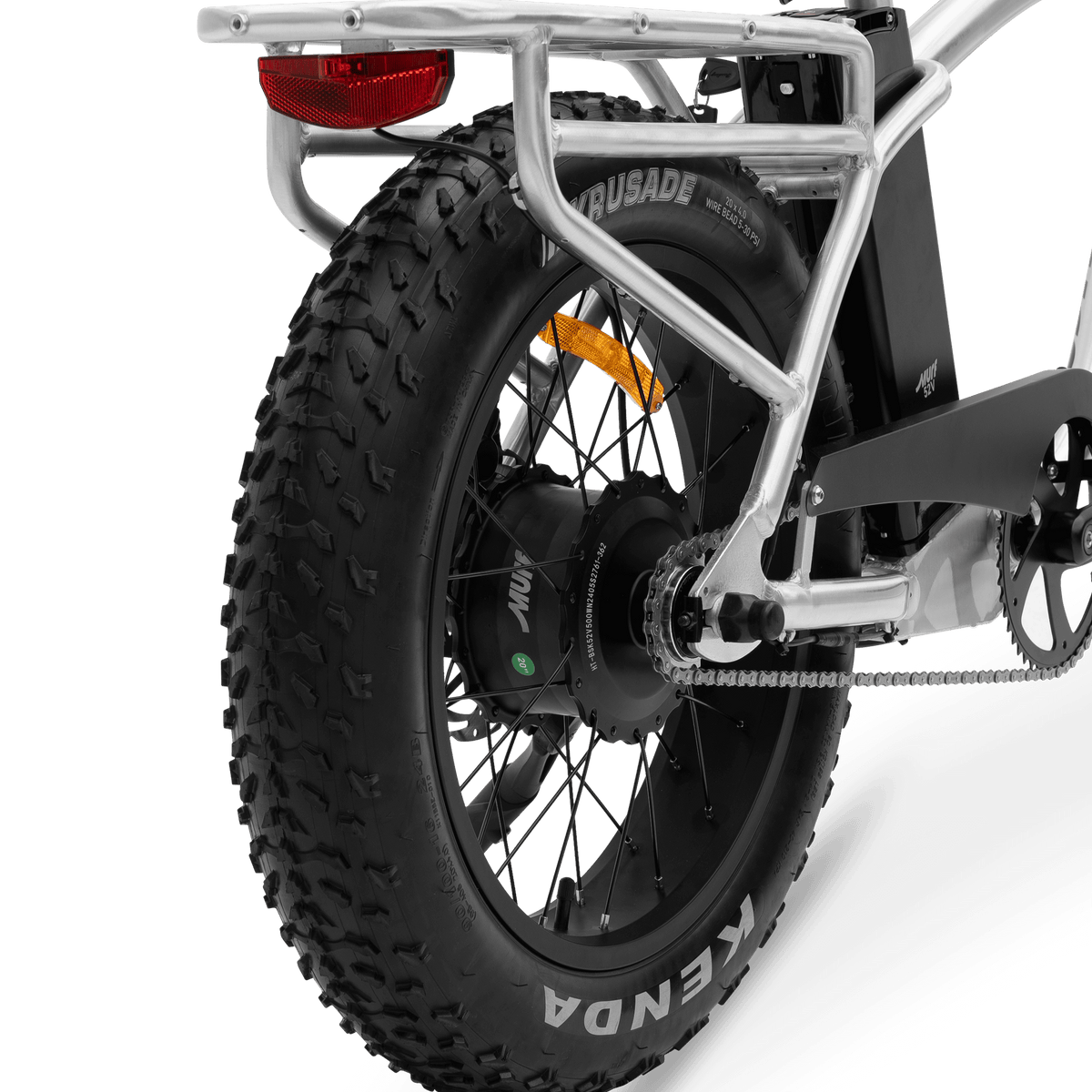 A close-up of The Higgs rear wheel, showing the 750W hub motor.