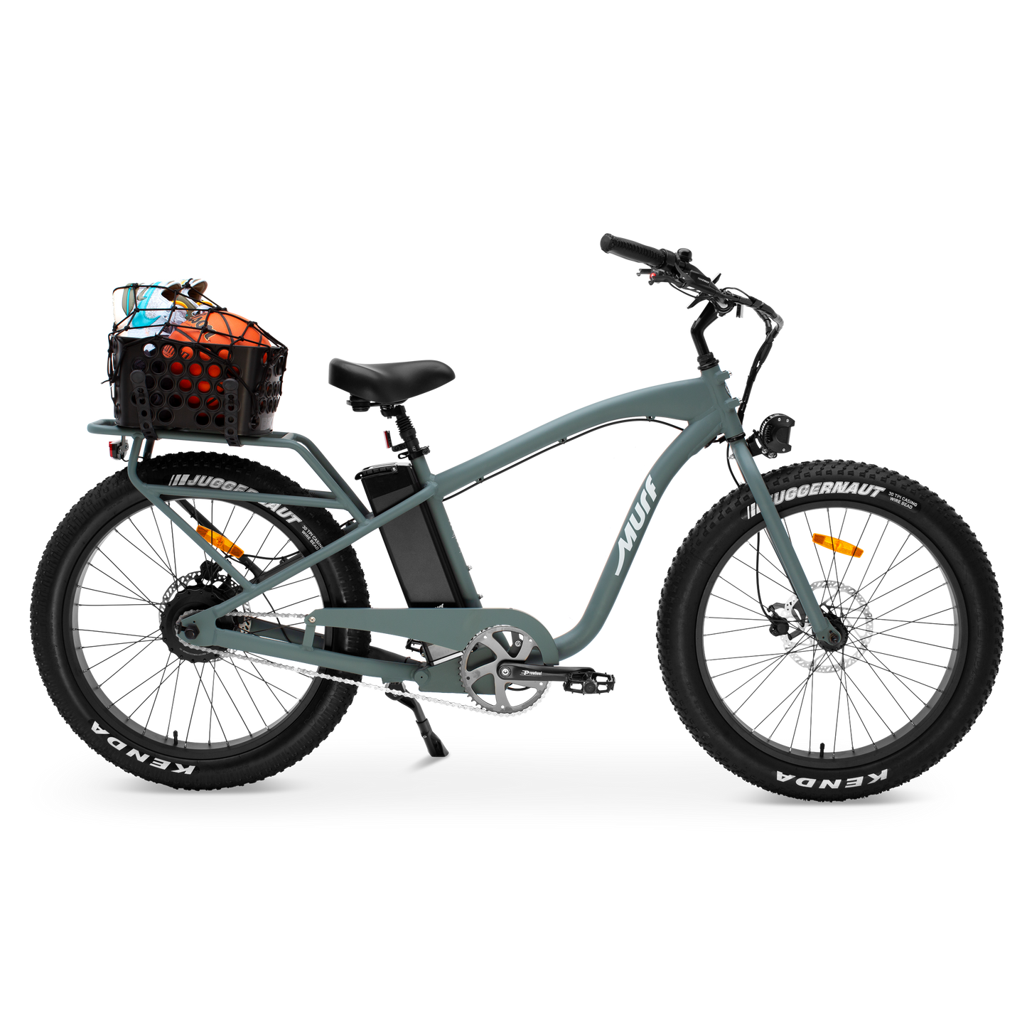 Sea Breeze colored Alpha Murf electric bike with a basket on a white background side shot