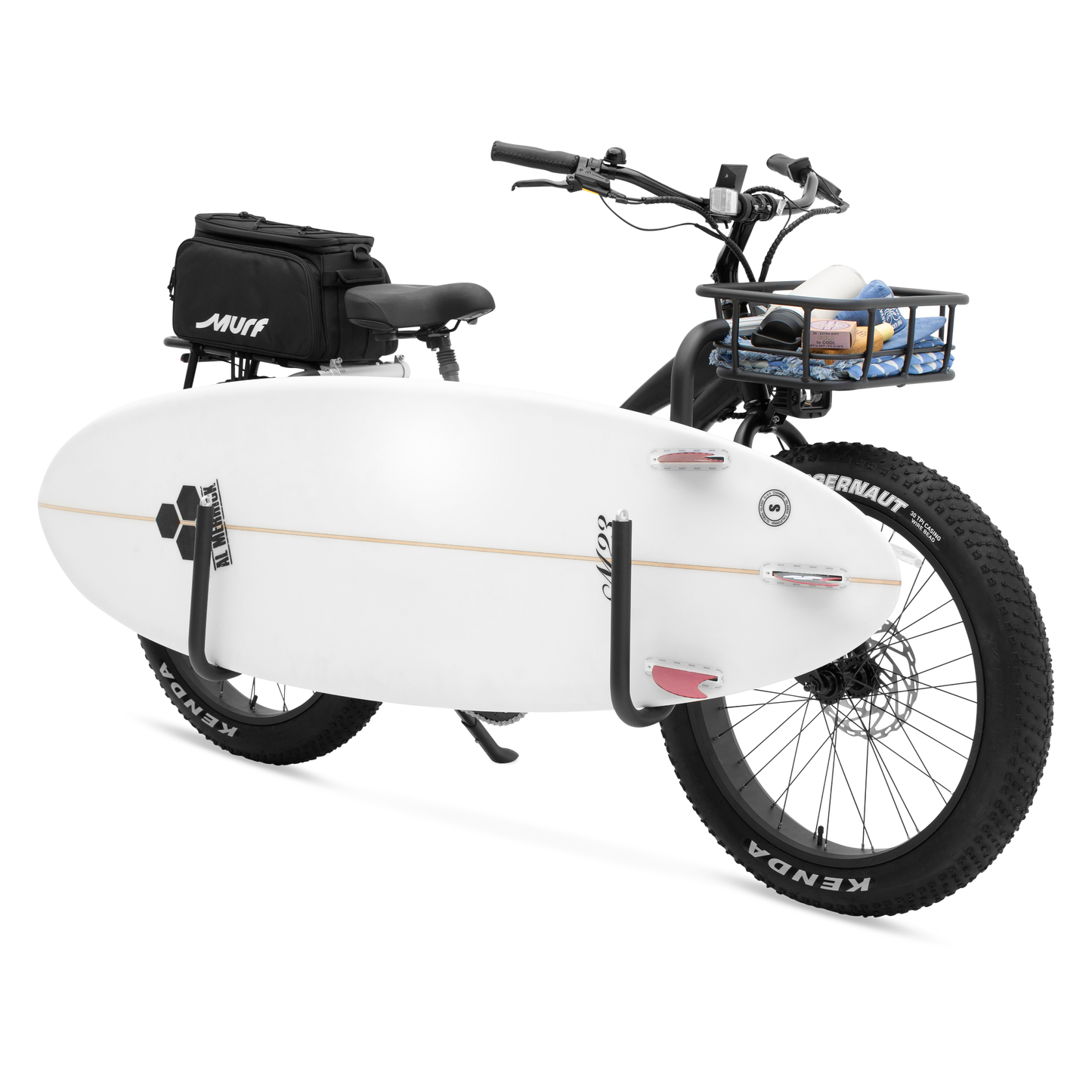 Side view of Aplha ST with Surf Rack attached and presenting a surfboard