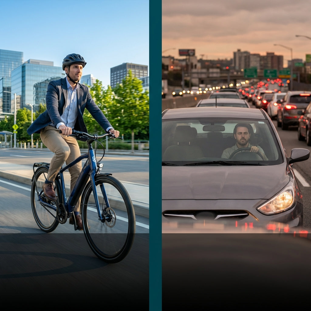 E-bike vs car commute comparison: cyclist riding electric bike in city versus driver in traffic congestion cost analysis