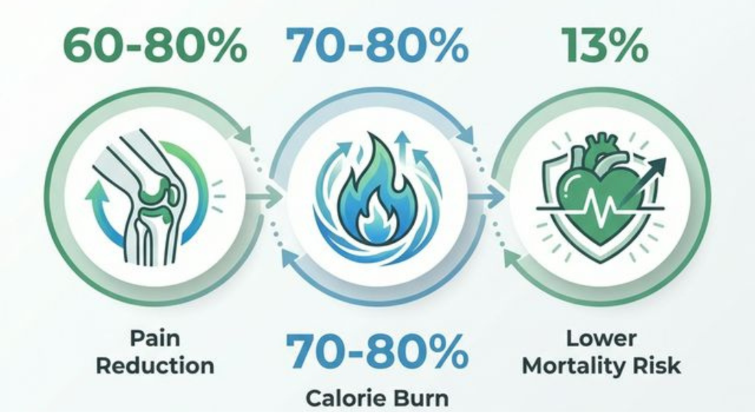 Infographic showing 60-80% knee pain reduction, 70-80% calorie burn retention, and 13% lower mortality risk for e-bike riders, citing Velotric and BMJ 2024 studies