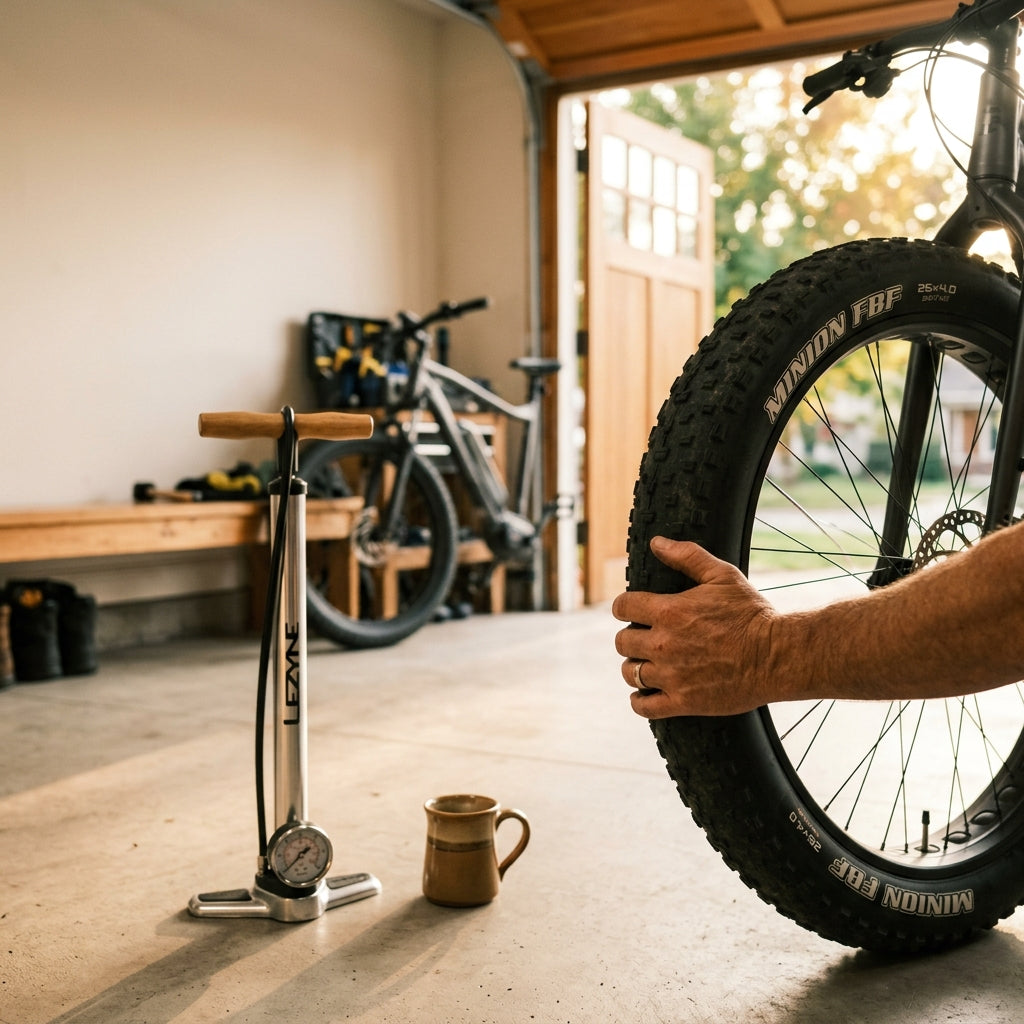 Hands squeezing e-bike tire sidewall during monthly maintenance check in a home garage with morning light and coffee mug