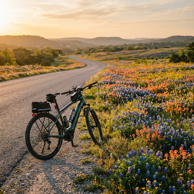Electric bike parked beside Texas bluebonnets and Indian paintbrush on a quiet Hill Country backroad at golden hour during spring wildflower season