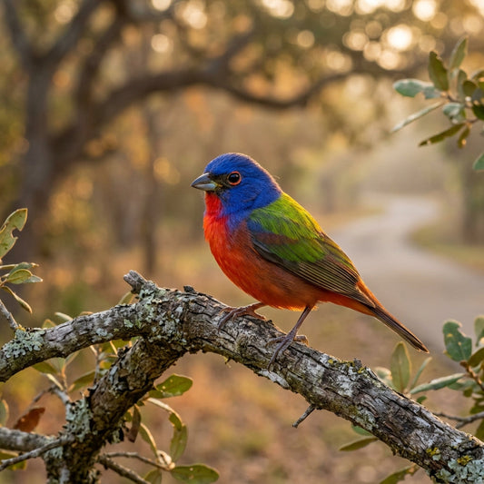 Painted bunting perched on a live oak branch at golden hour on a San Antonio greenway trail