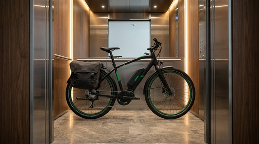 Urban utility e-bike with loaded rear panniers inside a modern apartment elevator.