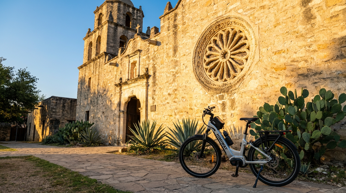 Mission San José Rose Window at golden hour with e-bike parked near entrance on San Antonio mission trail
