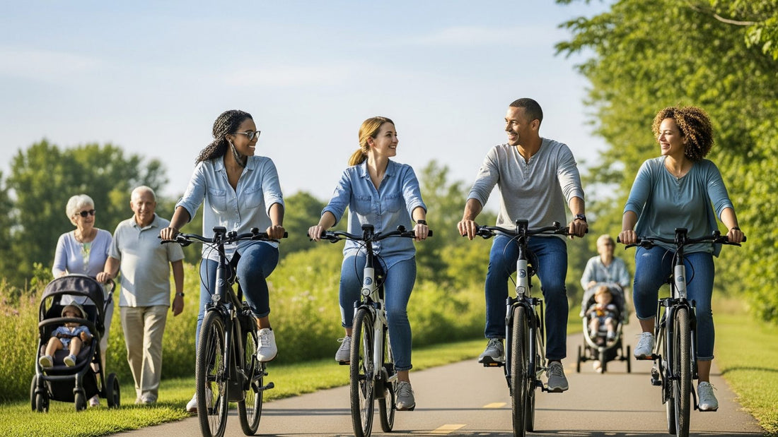 A diverse group of e-bikers smiling and chatting while riding side-by-side on a wide, sunny trail in a Pennsylvania park. They are respectfully giving a wide berth to pedestrians, including a family with a stroller and an older couple