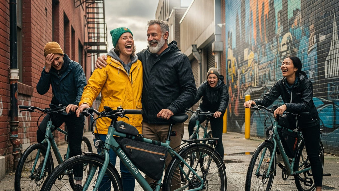 A diverse group of e-bikers of various ages and backgrounds, laughing and smiling, are gathered together in a slightly "grimey" but vibrant urban alleyway. Rain has just passed, leaving wet puddles and reflective surfaces.