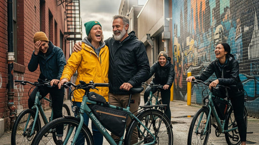 A diverse group of e-bikers of various ages and backgrounds, laughing and smiling, are gathered together in a slightly "grimey" but vibrant urban alleyway. Rain has just passed, leaving wet puddles and reflective surfaces.