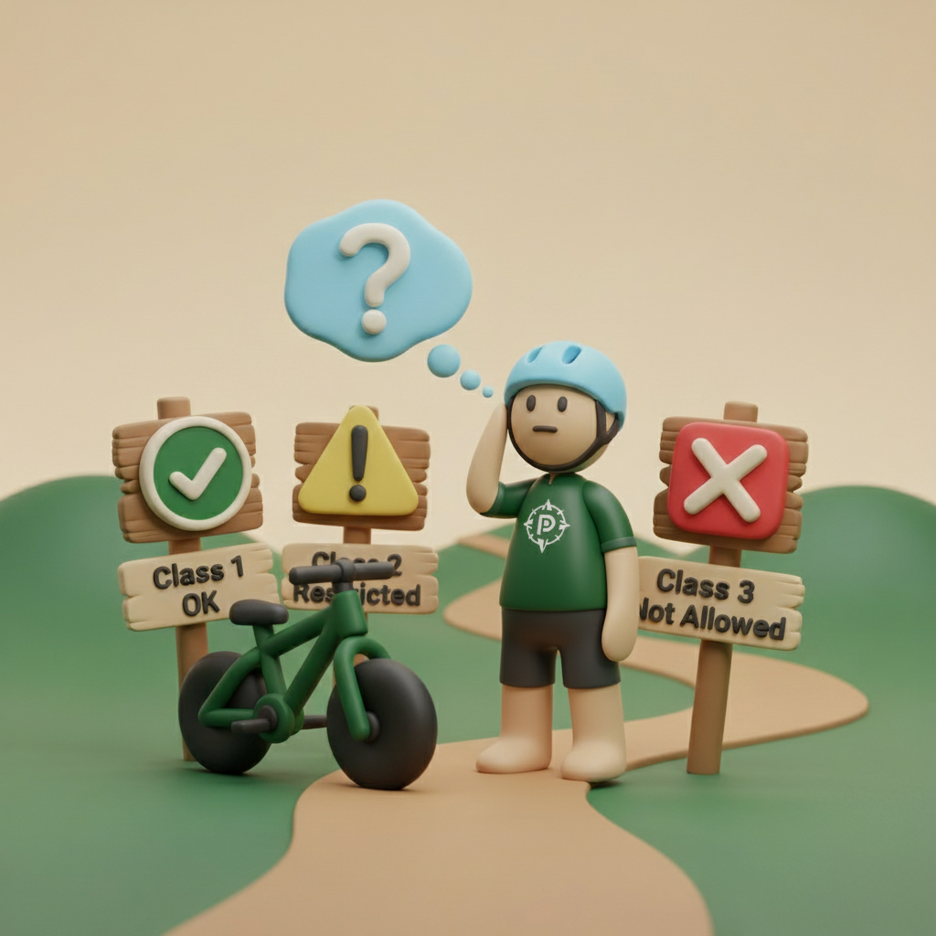 Claymorphic illustration of a confused e-bike rider facing three trail signs: 'Class 1 OK', 'Class 2 Restricted', and 'Class 3 Not Allowed'. A thought bubble with a question mark hovers above their head.