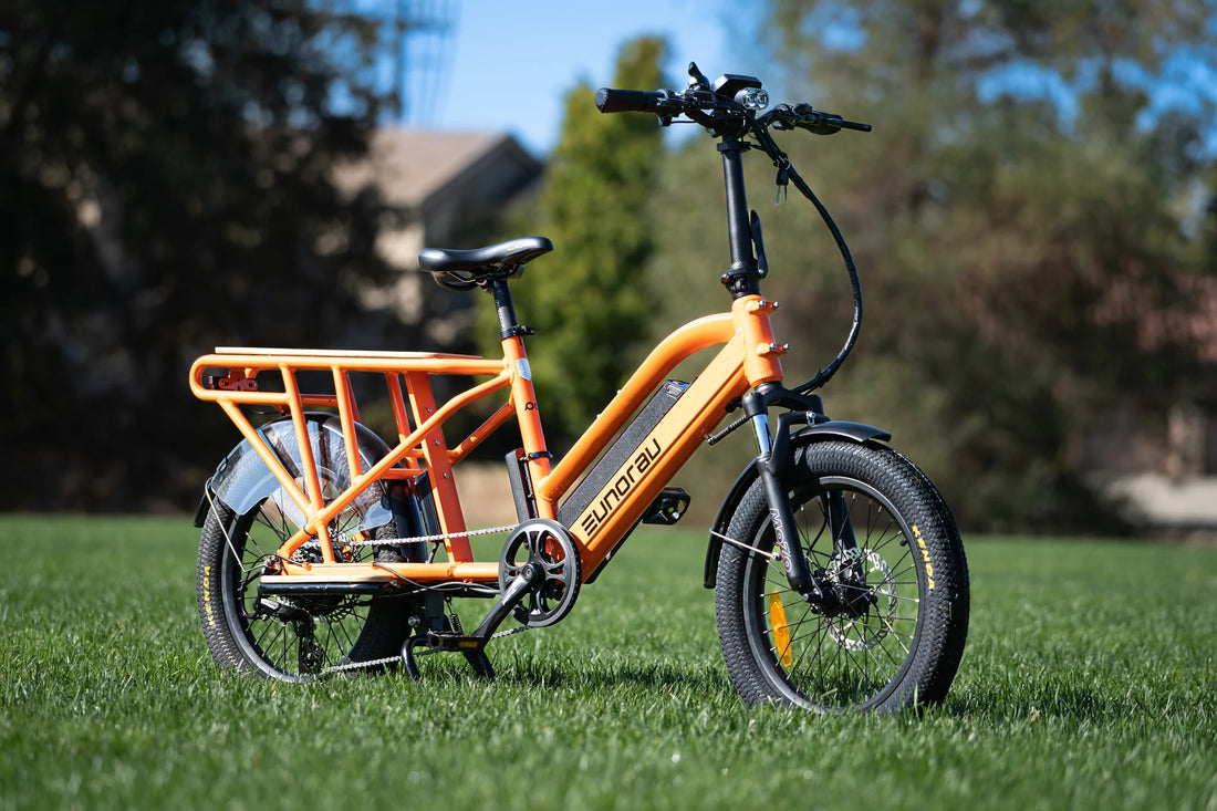 Orange Eunorau G30 Cargo electric bicycle parked in green outdoor San Antonio park setting