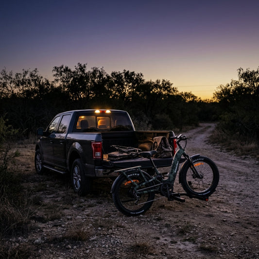Fat tire hunting e-bike loaded in truck bed next to camo gear at pre-dawn Texas ranch gate