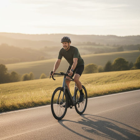 A man riding a mid-range e-bike on a scenic bike path with rolling hills in the background