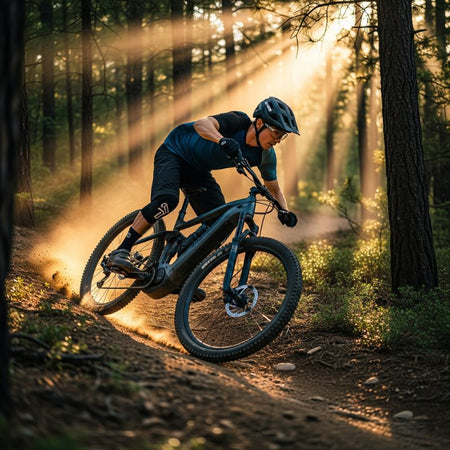 Person riding an electric mountain bike on a challenging high performance trail.