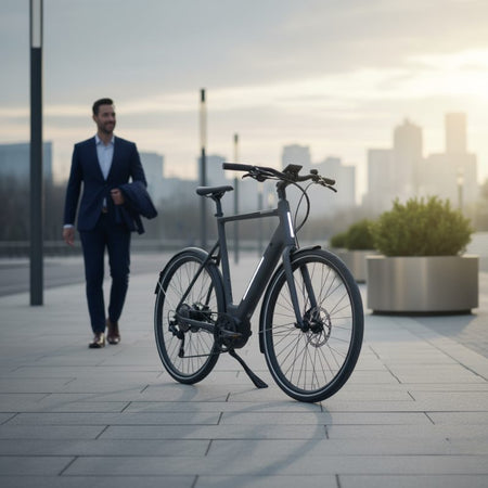 A professional commuter walking with his stylish Labyrinth Electric bike outside an office building.