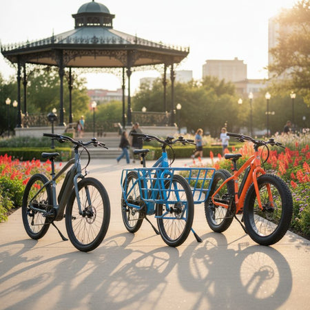 Three E-bikes  of varying brands side by side on a park pathway 