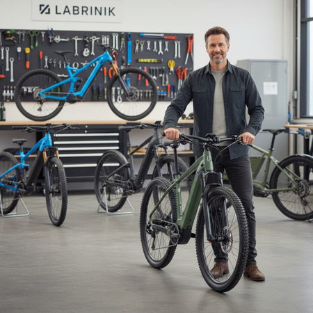 A e-bike shop owner presents a single bike in a clean  garage shop floor with various e-bikes in background.. 