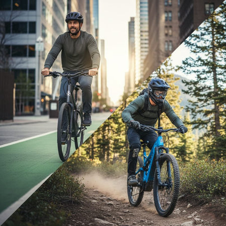  A split-scene image showing a man on a Class 2 commuter e-bike in a city and a man on a Class 3 mountain e-bike on a trail, conveying the diverse capabilities of e-bikes.