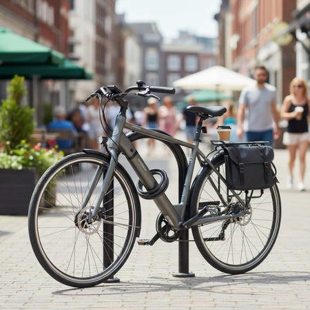 A clean and simple e-bike attached securely to bike rack in a scenic pedestrian friendly downtown area.