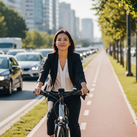 Woamn in business attire smiling on her urban e-bike enjoying a traffic free commute.