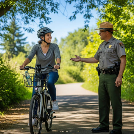 A woman safely riding a park path receiving directions from a friendly park official.