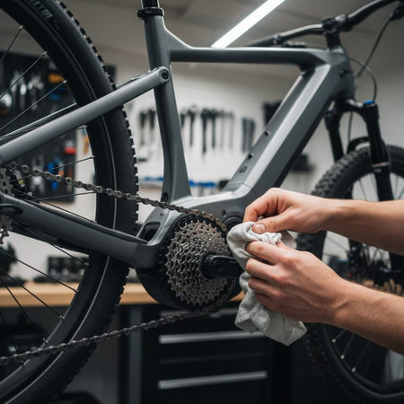 Close-up of a bicycle drivetrain cleaning in progress to maintain smooth shifting and bike efficiency. 