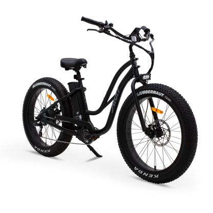 The Fat Murf Step-Thru electric bike in Obsidian Black, shown from three-quarter side in a studio view.
