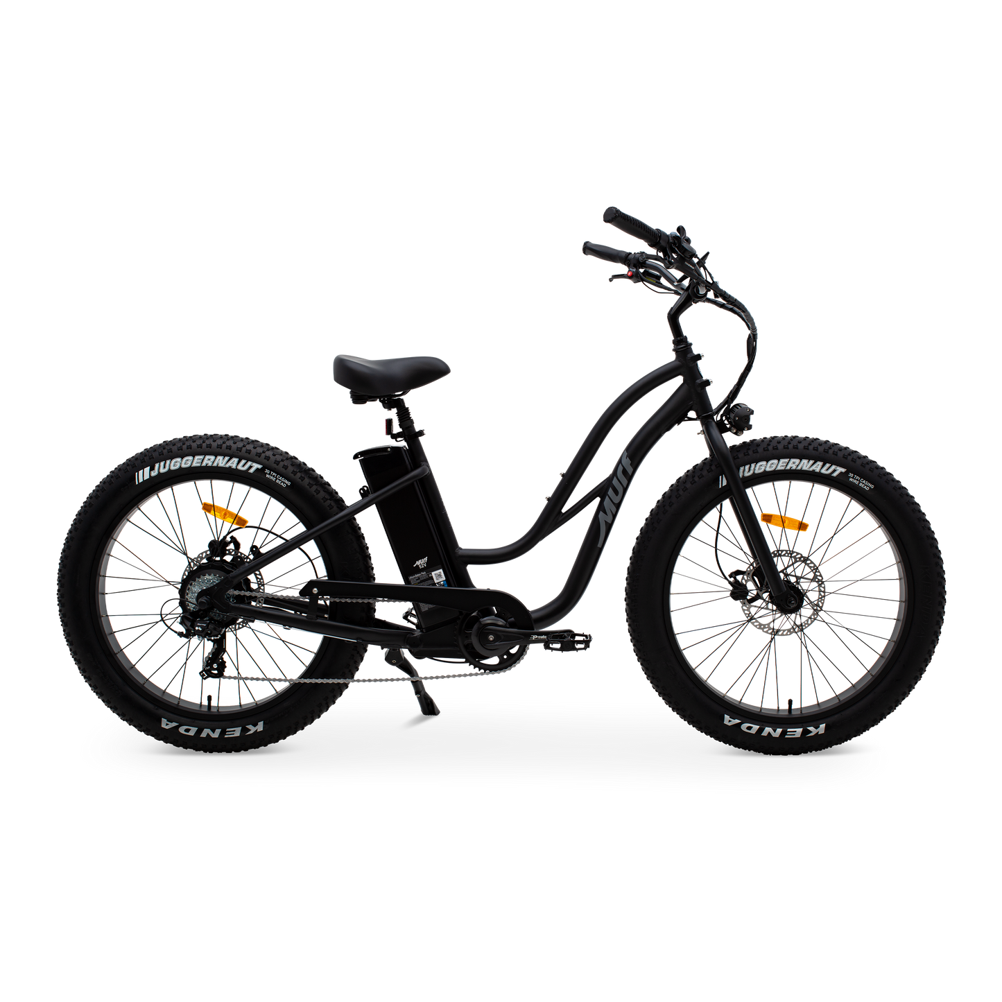 The Fat Murf Step-Thru electric bike in Obsidian Black, shown from the side in a studio view.