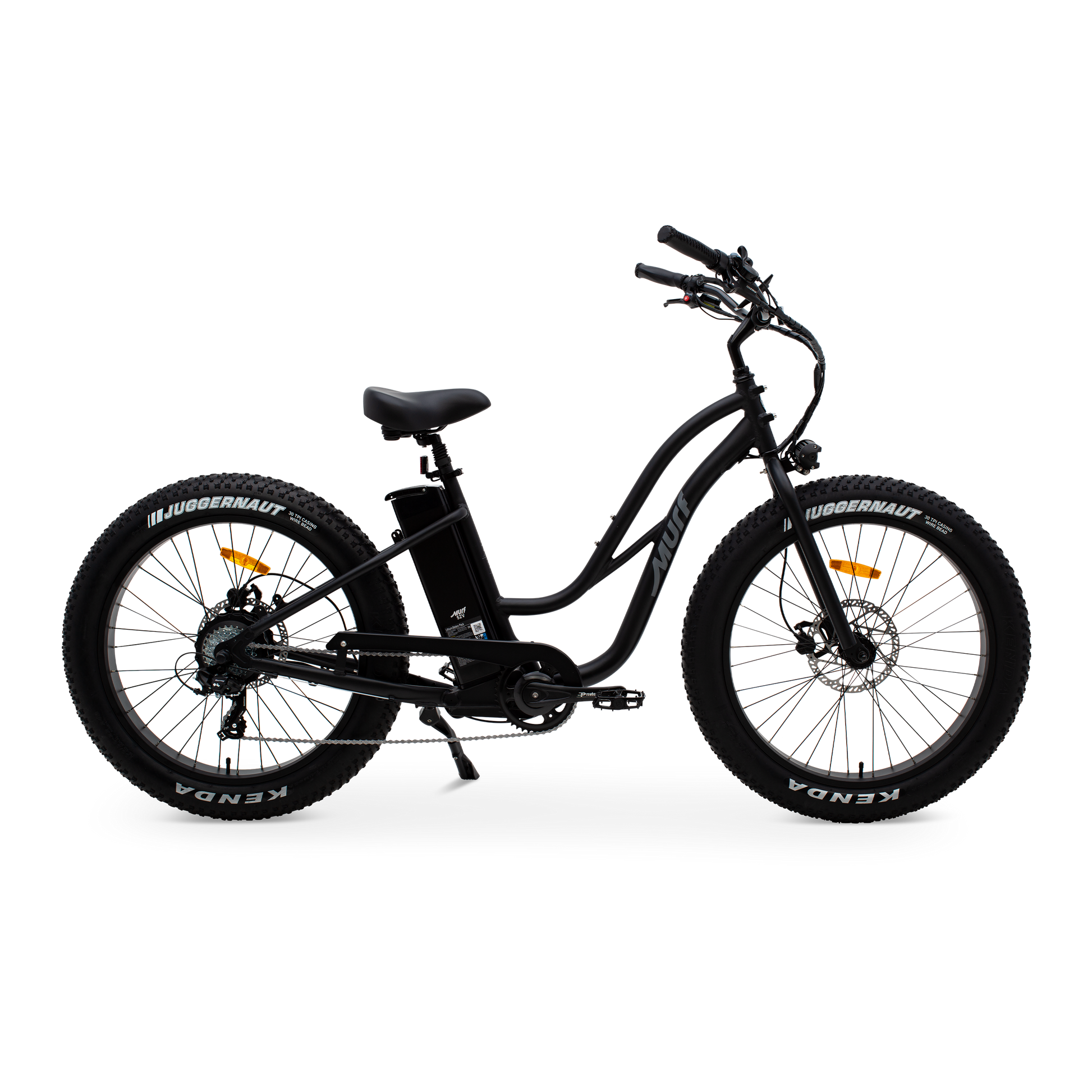 The Fat Murf Step-Thru electric bike in Obsidian Black, shown from the side in a studio view.