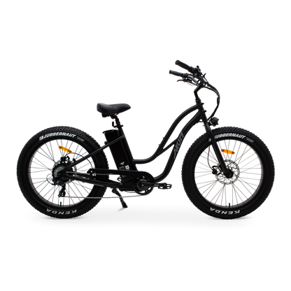 The Fat Murf Step-Thru electric bike in Obsidian Black, shown from the side in a studio view.