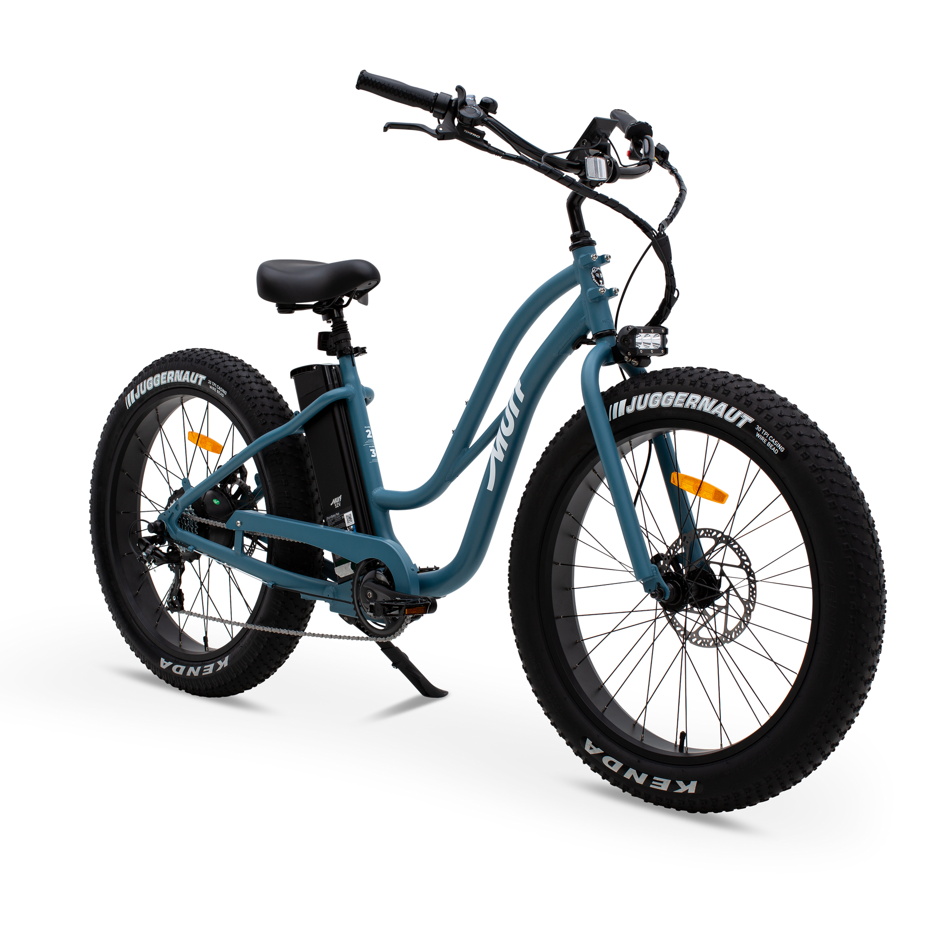 The Fat Murf Step-Thru electric bike in Denim Blue, shown from three-quarter side in a studio view.