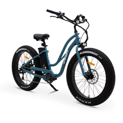The Fat Murf Step-Thru electric bike in Denim Blue, shown from three-quarter side in a studio view.