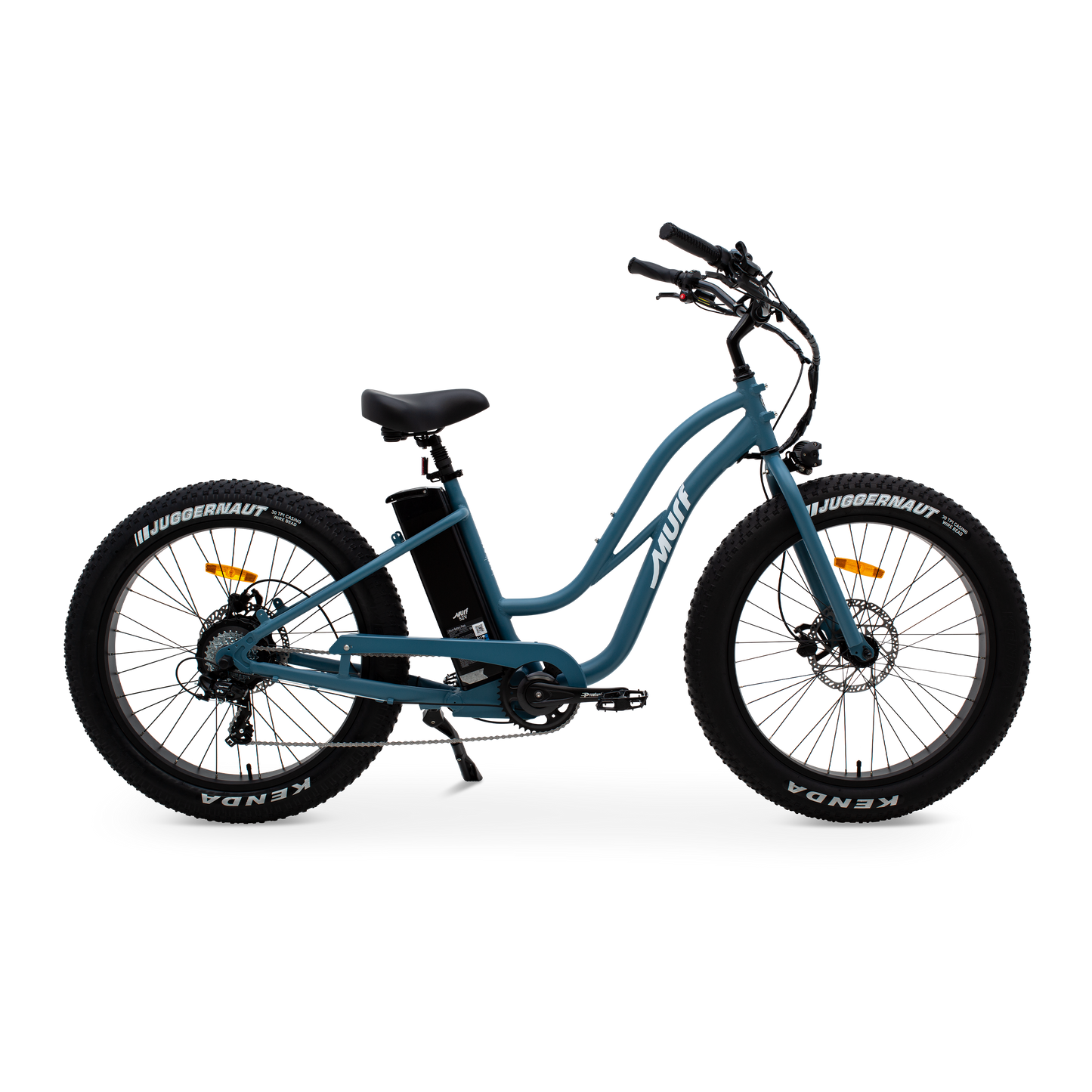 The Fat Murf Step-Thru electric bike in Denim Blue, shown from the side in a studio view.