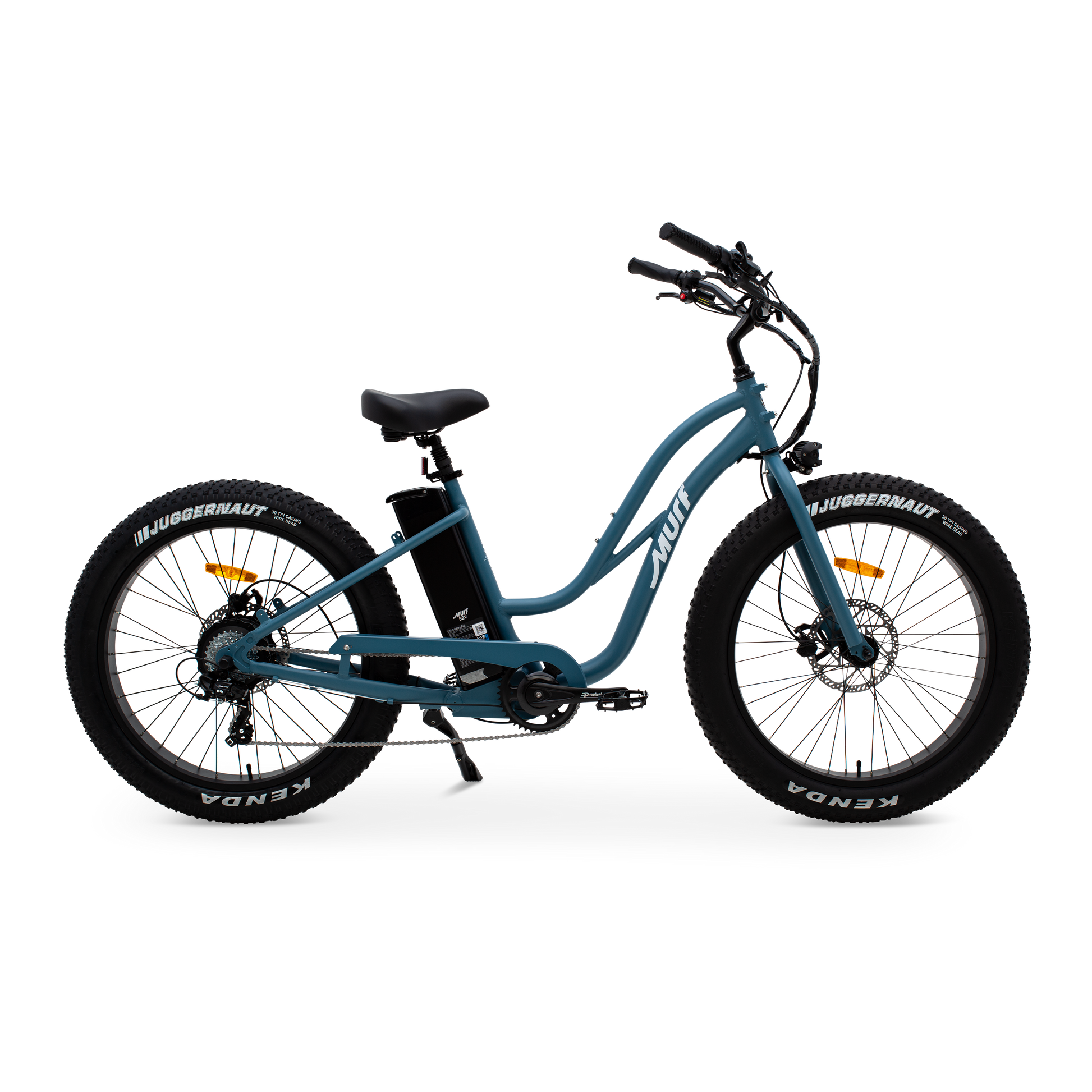 The Fat Murf Step-Thru electric bike in Denim Blue, shown from the side in a studio view.