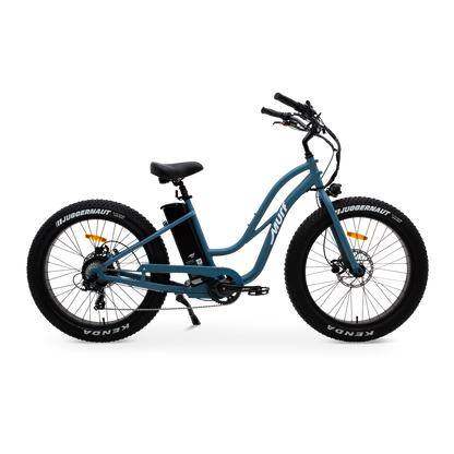 The Fat Murf Step-Thru electric bike in Denim Blue, shown from the side in a studio view.