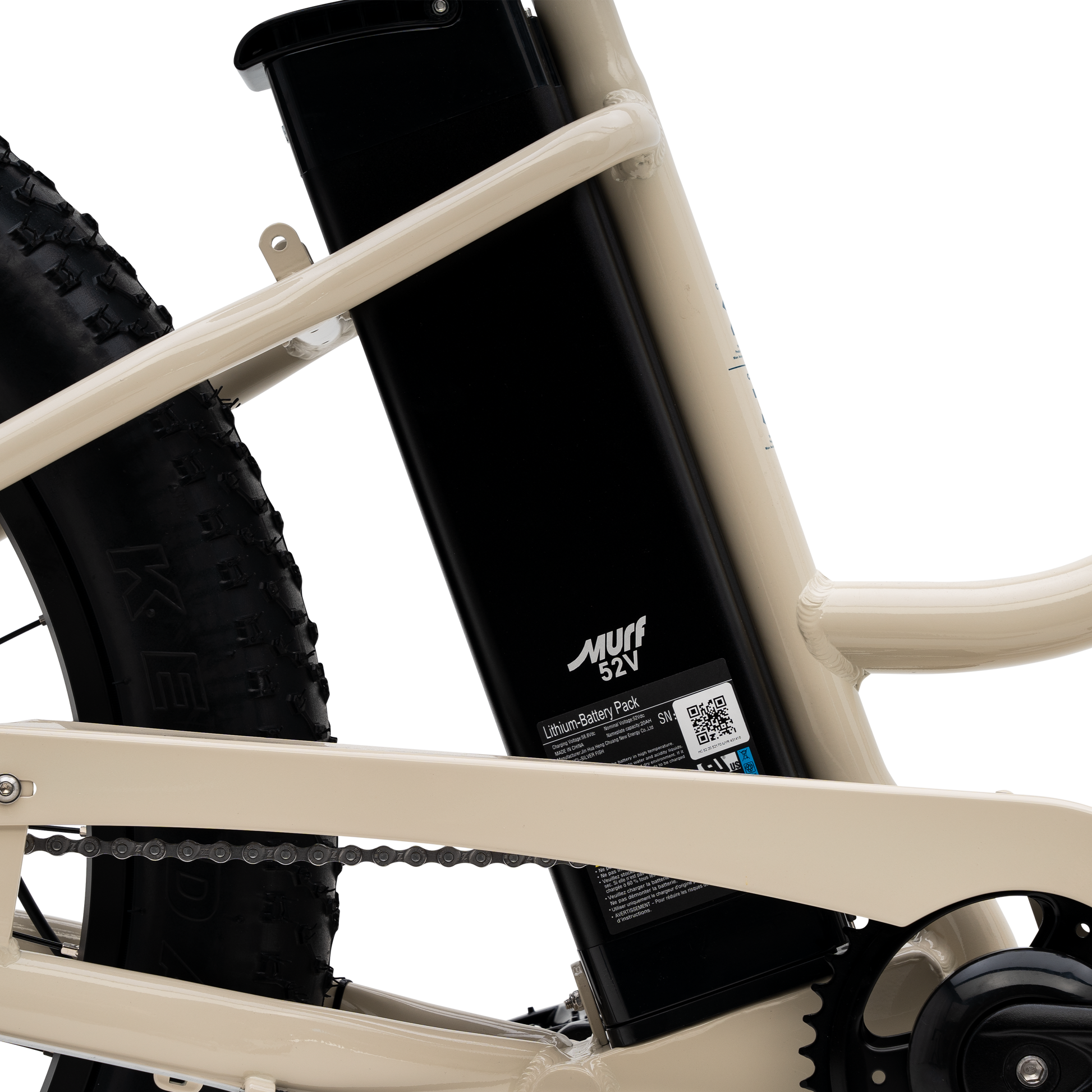  Detailed close-up of The Fat Murf Step-Thru's 52-volt, 15 amp-hour frame-integrated battery.