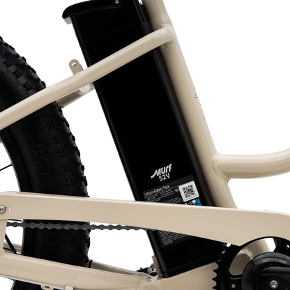  Detailed close-up of The Fat Murf Step-Thru's 52-volt, 15 amp-hour frame-integrated battery.