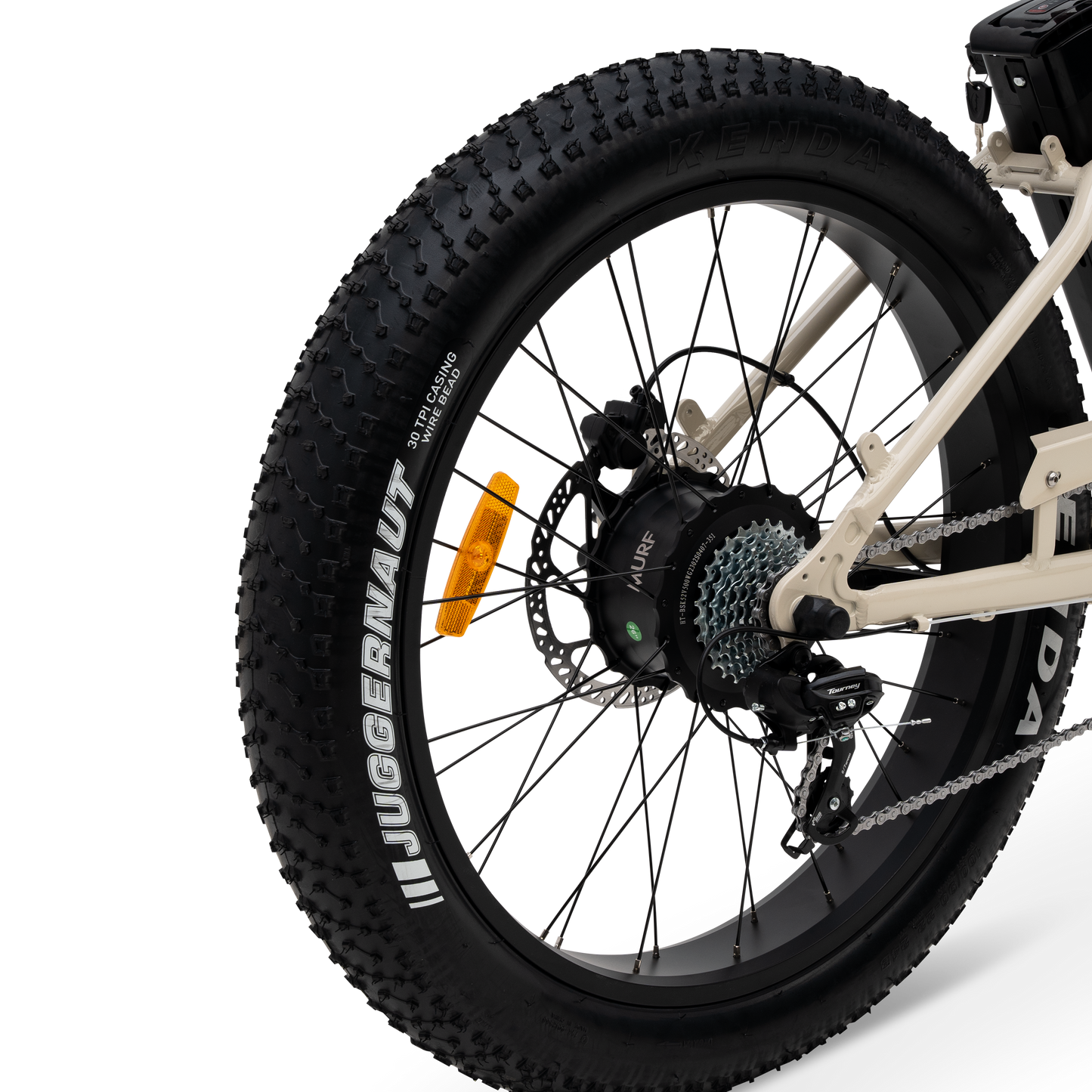 Close-up of a bicycle rear wheel hub mounted motor with a white background