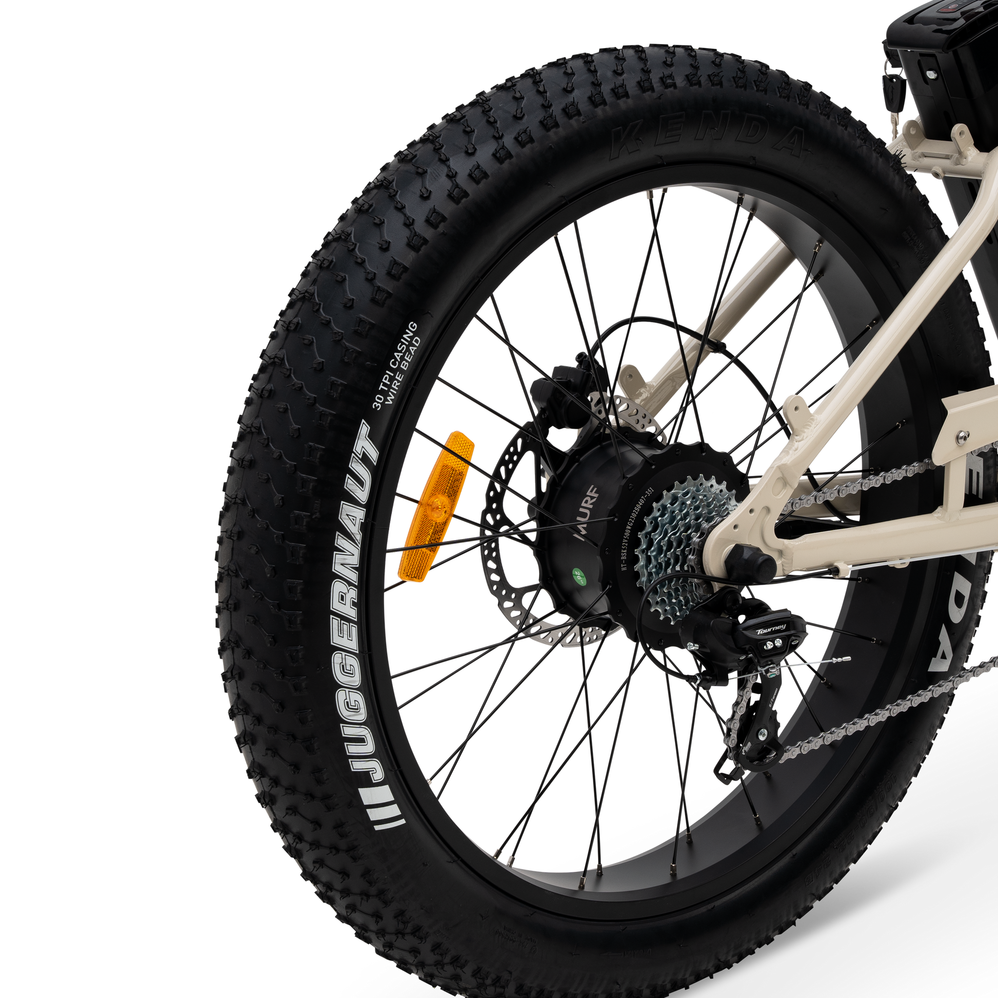 Close-up of a bicycle rear wheel hub mounted motor with a white background