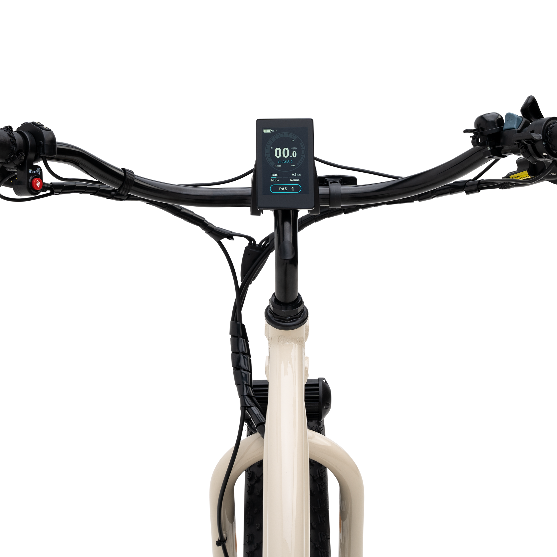 A close-up from rider point of view of The Fat Murf Step-Thru's cruiser handlebars and high-resolution display screen.
