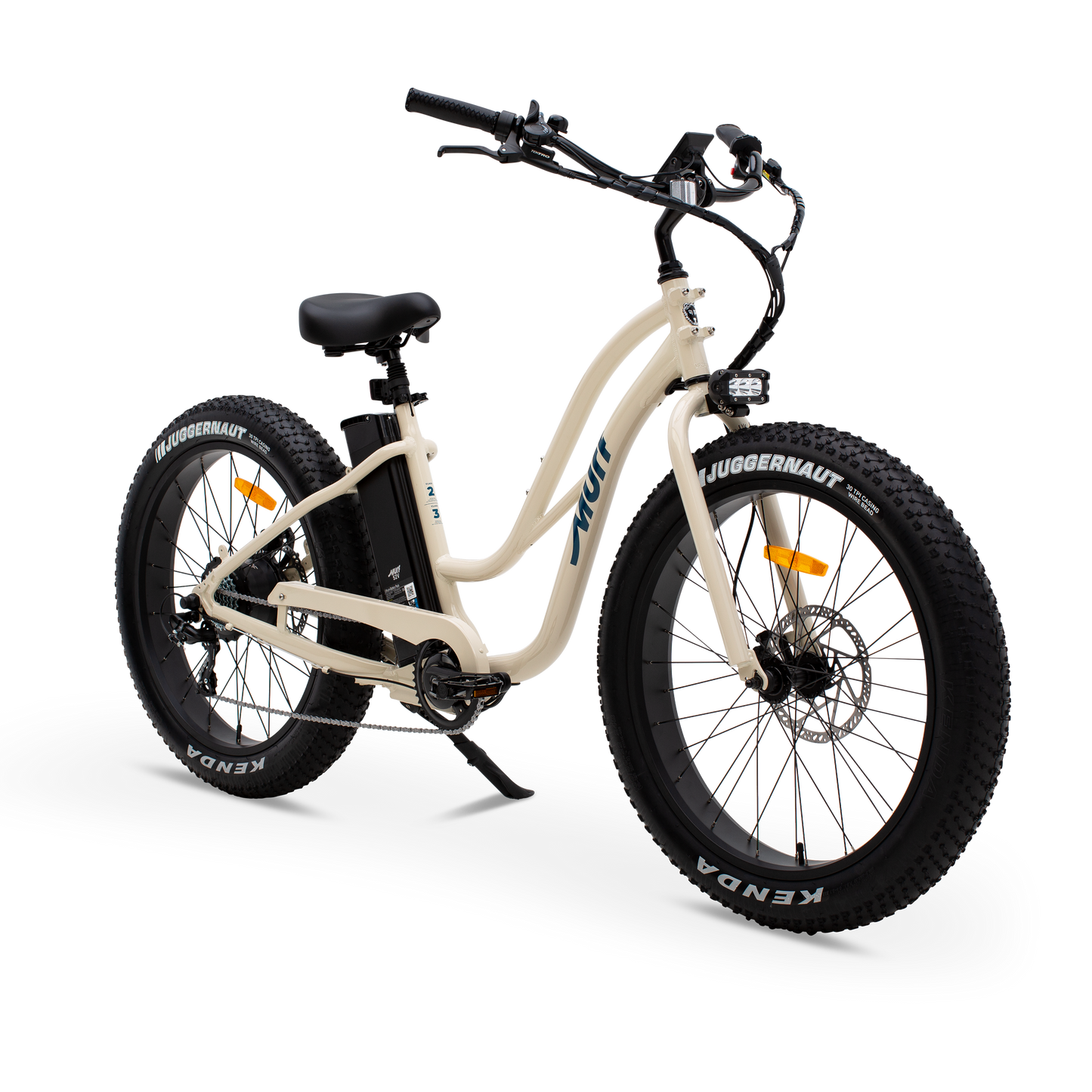 The Fat Murf Step-Thru electric bike in Desert Storm, shown from three-quarter side in a studio view.
