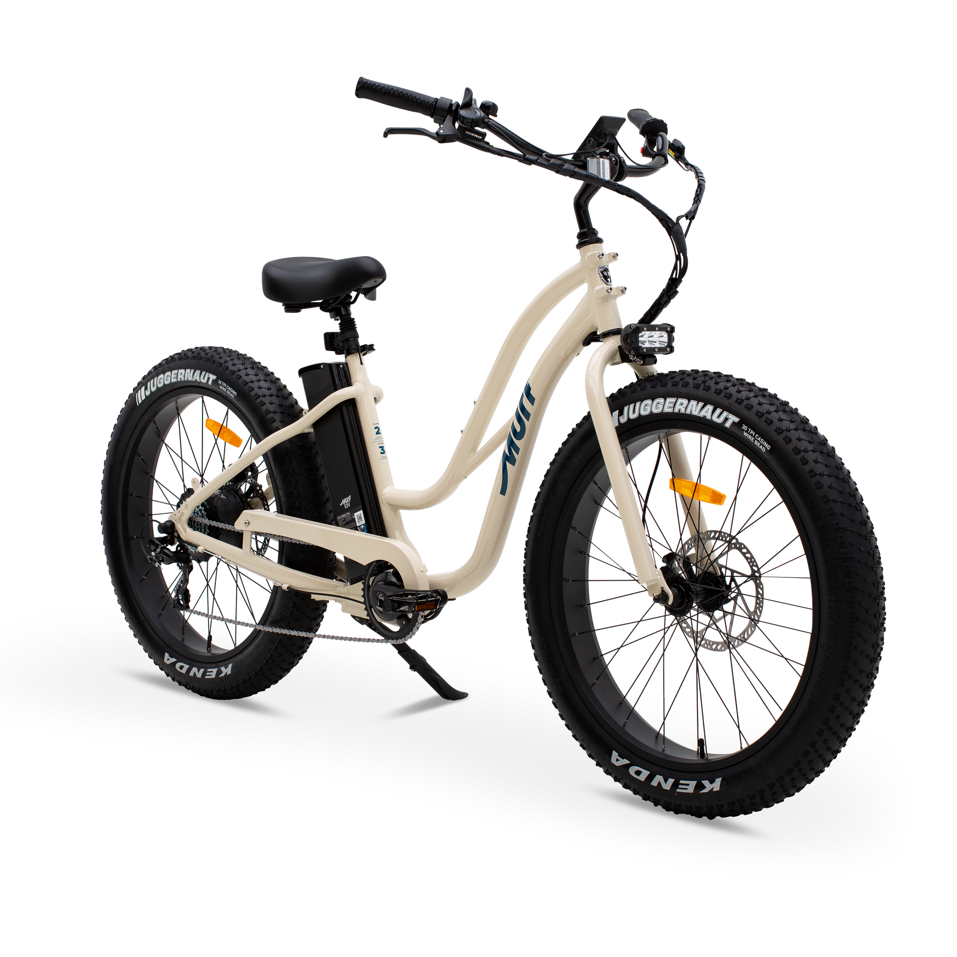 The Fat Murf Step-Thru electric bike in Desert Storm, shown from three-quarter side in a studio view.
