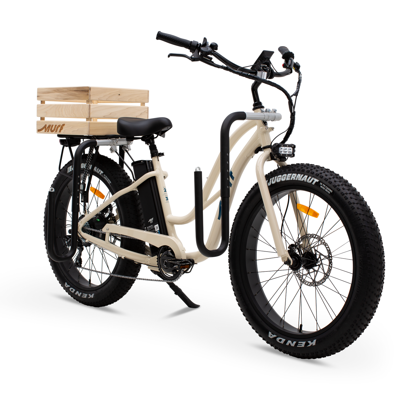  The Fat Murf Step-Thru in Bone White with a wooden crate attached to the back on a white background