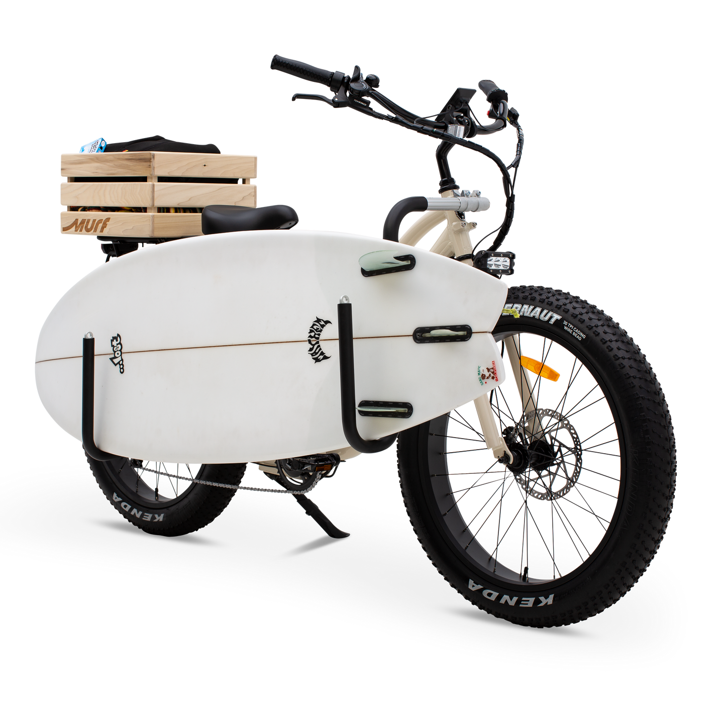  The Fat Murf Step-Thru in Bone White with a wooden crate attached to the back and white surfboard placed prominnetly withing the side mounted surf rack. on a white background