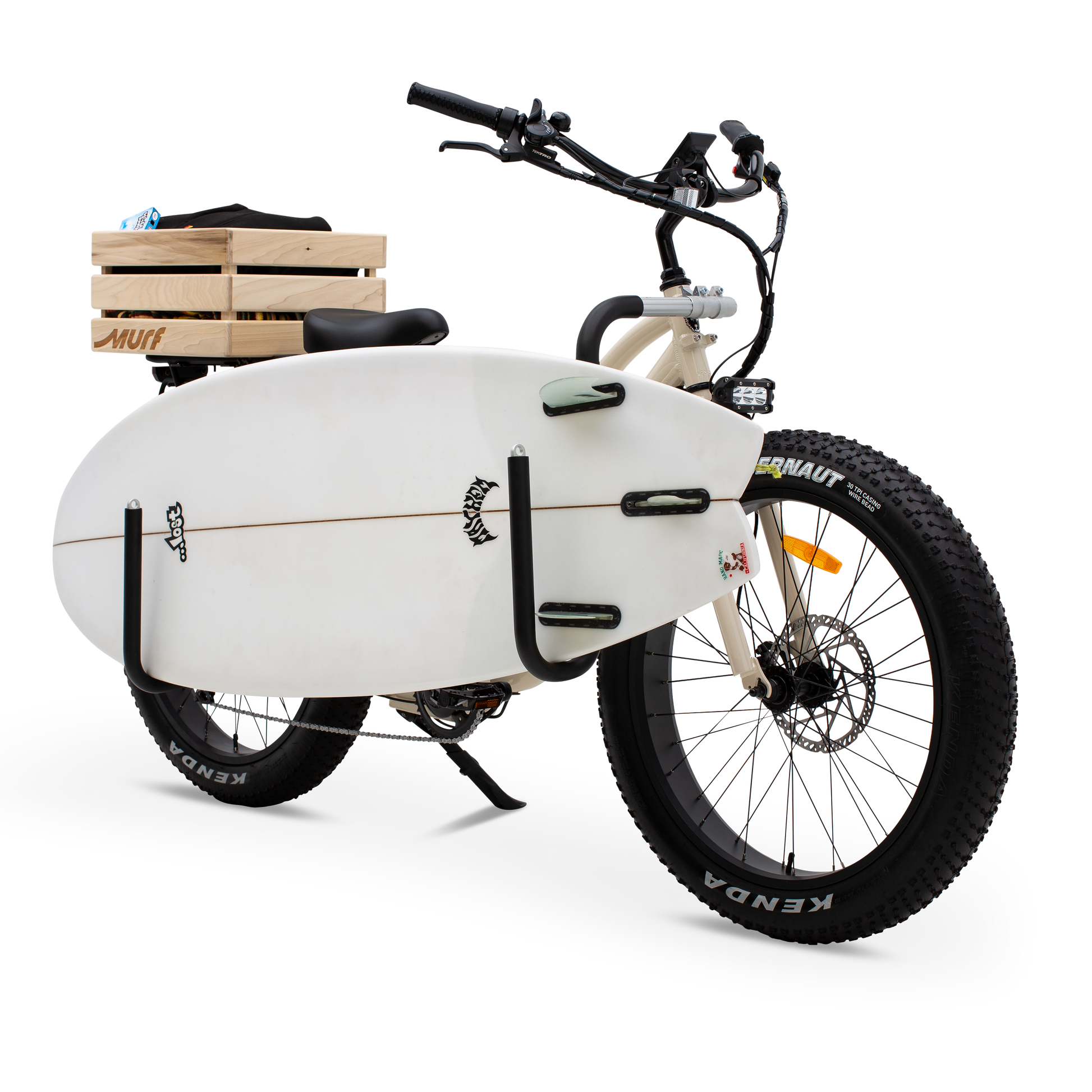 The Fat Murf Step-Thru in Bone White with a wooden crate attached to the back and white surfboard placed prominnetly withing the side mounted surf rack. on a white background