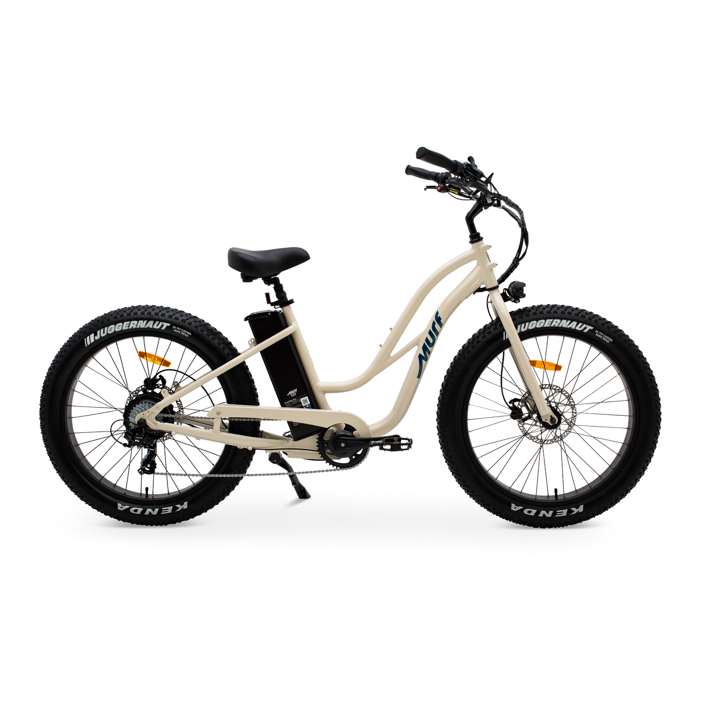 The Fat Murf Step-Thru electric bike in Desert Storm, shown from side in a studio view.